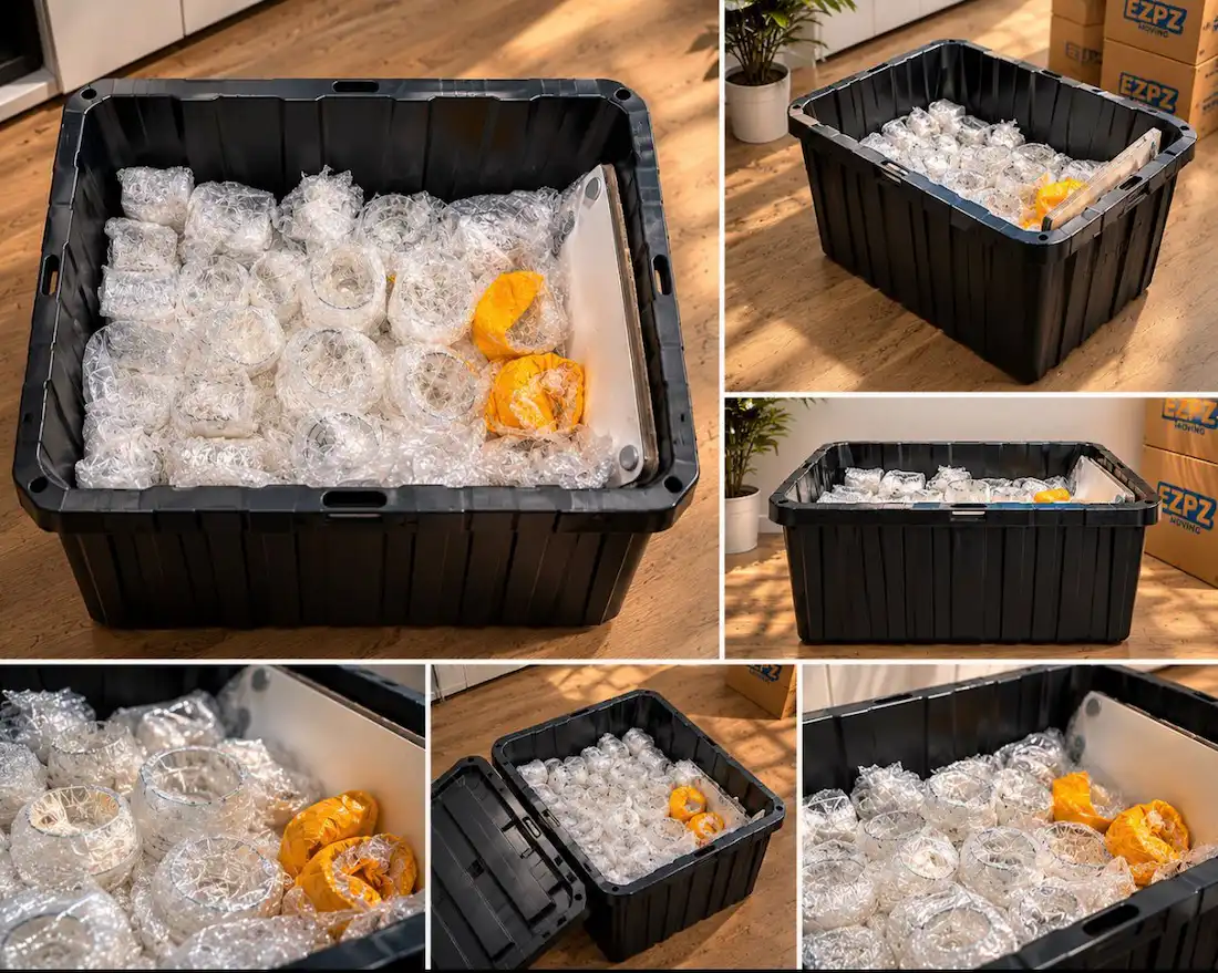 Fragile kitchen and glass items safely packed with protective wrapping for moving in Mississauga