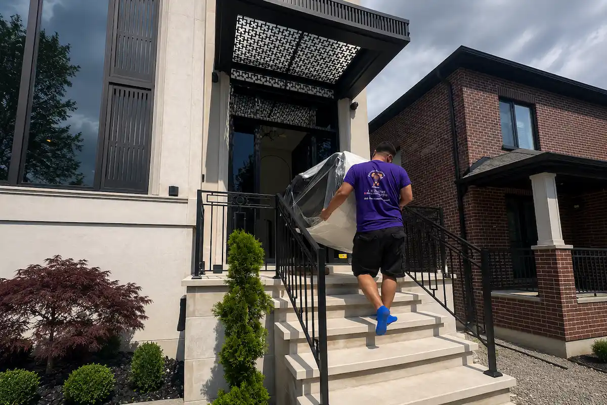 Professional residential moving service in Mississauga with movers carrying furniture into a modern home